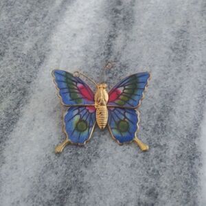 Vintage Blue Green Butterfly Brooch, Colorful Lapel Pin, Estate